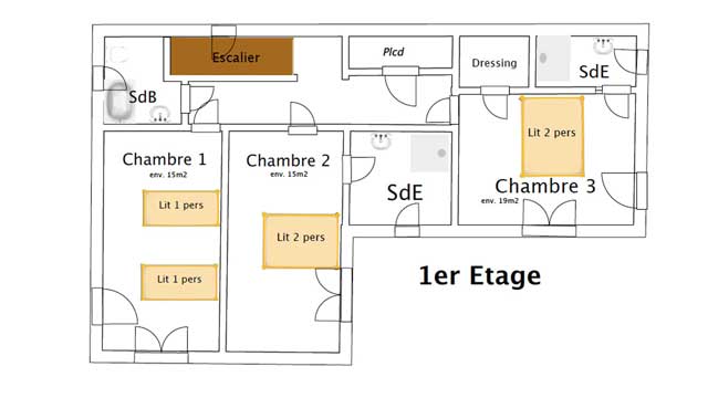 Plan de l'étage : 3 chambres pour 6 couchages. Trois salles de bain.